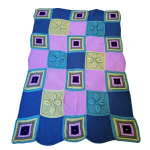 Vintage Mary Maxim Cottagecore 3D Flower Patch Throw Afghan 70"x48" Blue Multi